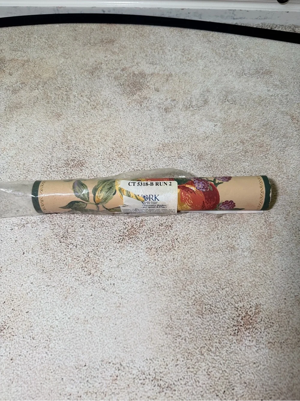 Vintage York Floral Fruit Border Wallpaper Roll in Beige and Green